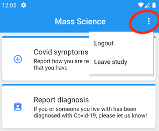 Home page with menu pressed showing option to log out or leave study