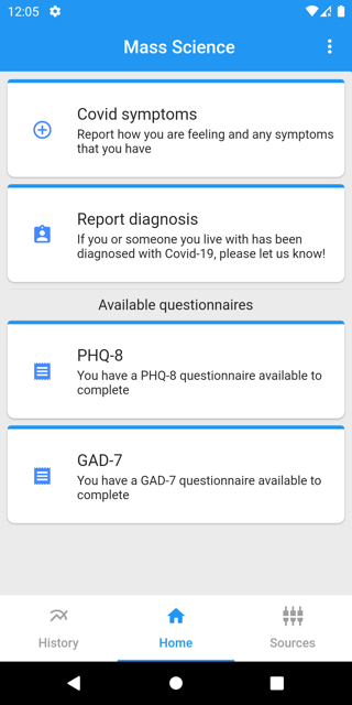 Home screen of app showing available questionnaires